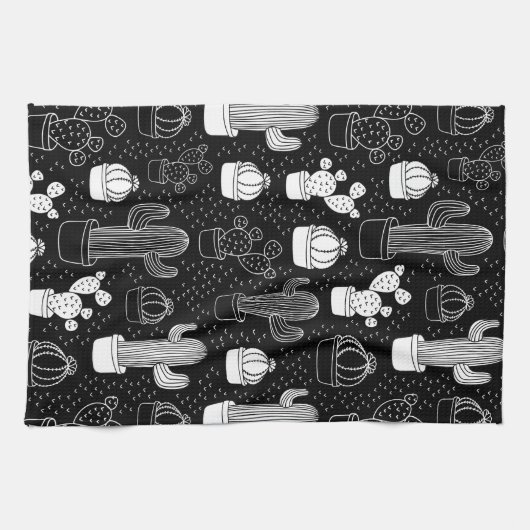Schwarz-Weiß-Kaktus Doodle-Muster Geschirrtuch (Horizontal)