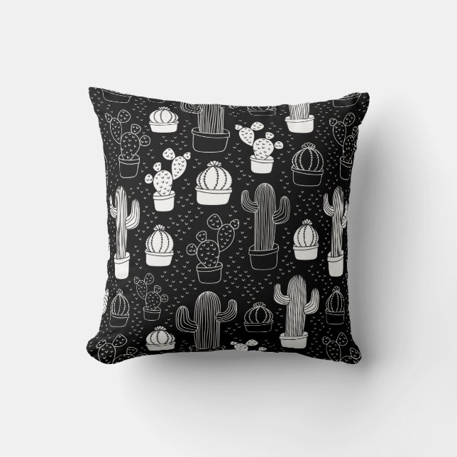 Schwarz-Weiß-Kaktus Doodle-Muster Kissen (Vorderseite)