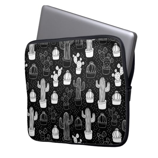 Schwarz-Weiß-Kaktus Doodle-Muster Laptopschutzhülle (Vorderseite Links)
