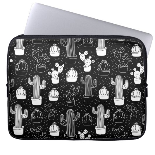 Schwarz-Weiß-Kaktus Doodle-Muster Laptopschutzhülle (Vorderseite)
