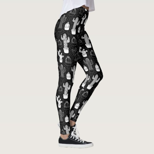 Schwarz-Weiß-Kaktus Doodle-Muster Leggings (Rechts)