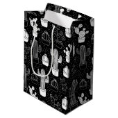 Schwarz-Weiß-Kaktus Doodle-Muster Mittlere Geschenktüte (Rückseite Schrägansicht)