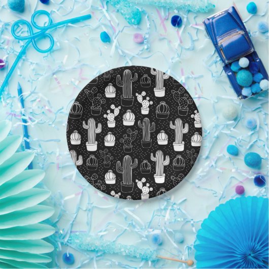 Schwarz-Weiß-Kaktus Doodle-Muster Pappteller (Party)