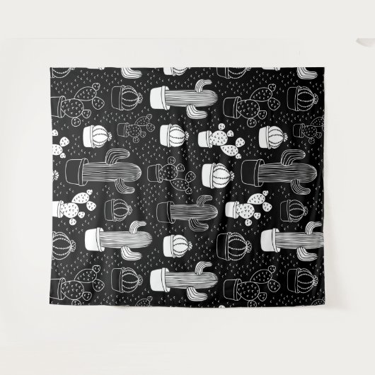 Schwarz-Weiß-Kaktus Doodle-Muster Wandteppich (Vorderseite (Horizontal))