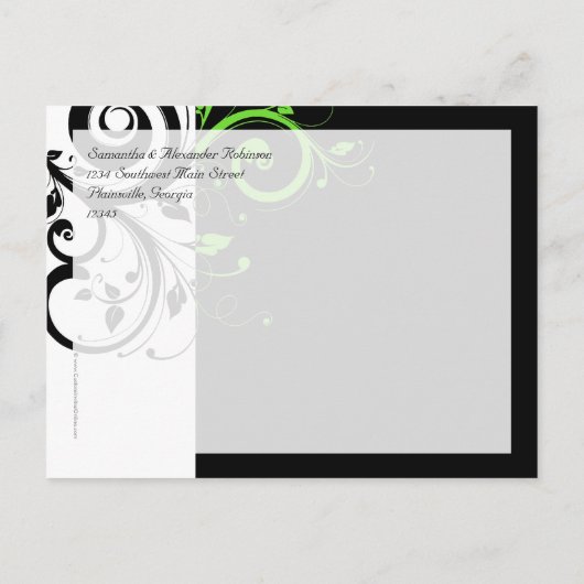 Schwarz/Weiß/Kalkgrün, Save the Date schwenken Ankündigungspostkarte (Rückseite)