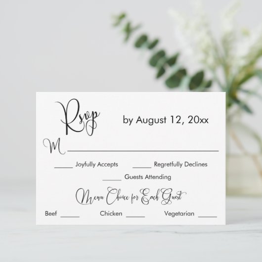 Schwarz-Weiß-Kalligrafie Drei-Menüs UAWG RSVP Karte (Stehend Vorderseite)