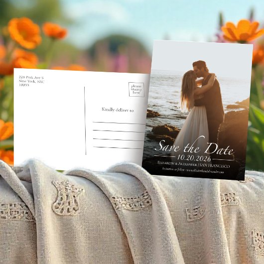 Schwarz-Weiß-Kalligrafie-Foto Save the Date Postkarte