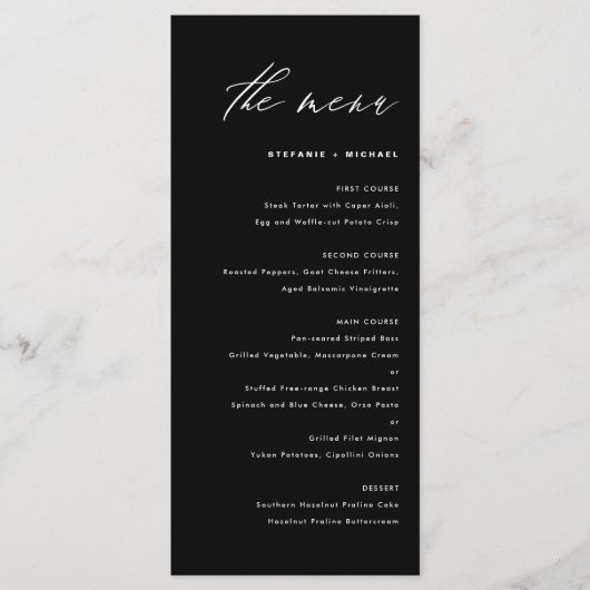 Schwarz-Weiß-Kalligrafie-Hochzeit Menükarte (Vorderseite)