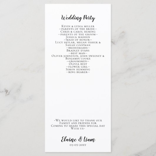 Schwarz-Weiß-Kalligrafie-Hochzeit Programm (Rückseite)