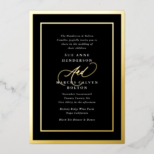 Schwarz-Weiß-Kalligrafie HochzeitGold Folieneinladung (Vorderseite)