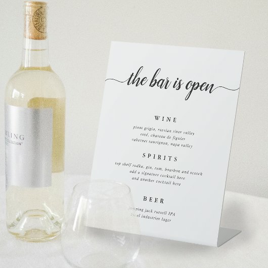Schwarz-Weiß-Kalligrafie-Hochzeitmenü mit Bar Sockelschild