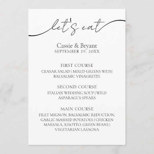 Schwarz-Weiß-Kalligrafie-Hochzeitsmenü Menükarte (Vorderseite)