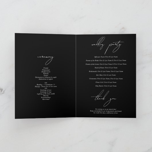 Schwarz-Weiß-Kalligrafie-Signatur-Skript-Hochzeit Programm (Innenseite)