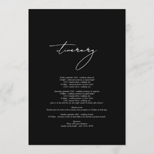 Schwarz-Weiß-Kalligrafie-Skript-Hochzeitreise Programm (Rückseite)