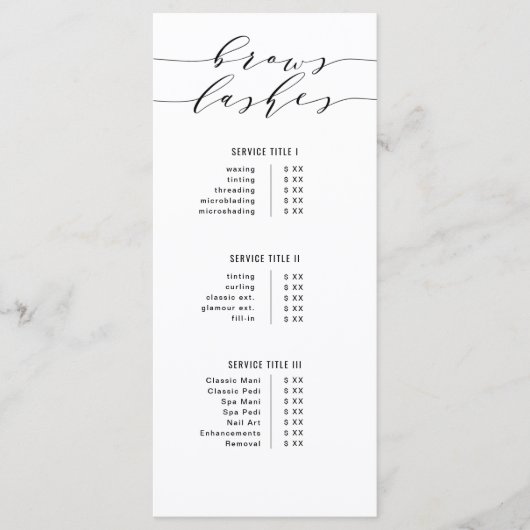 Schwarz-Weiß-Kalligraphie-Brows & Lashes Menükarte (Vorderseite)