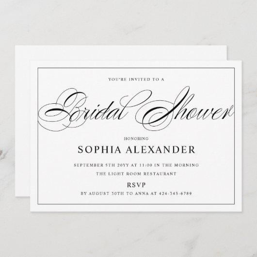 Schwarz-Weiß-Kalligraphie Elegantes Brautparty Einladung (Vorne/Hinten)