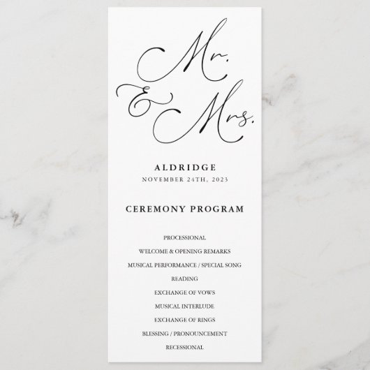 Schwarz-Weiß-Kalligraphie Mr. und Mrs. Wedding Programm (Vorderseite)