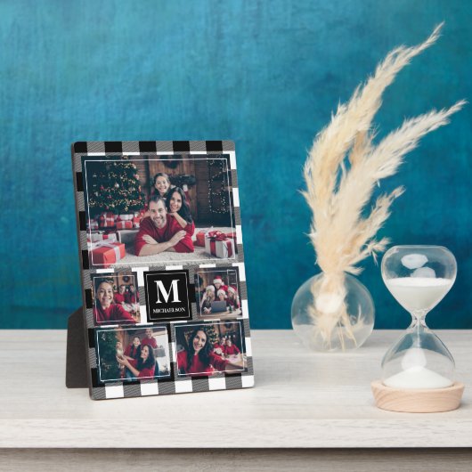 Schwarz-Weiß-Kariert 5-Foto mit Monogramm Fotoplatte (Seite)