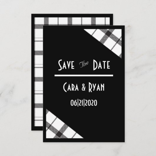 Schwarz, Weiß, Kariert, elegant, schick, Moderne H Save The Date (Vorne/Hinten)