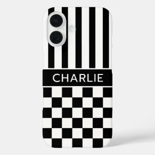 Schwarz-Weiß kariert gestreift Personalisiert iPhone 16 Hülle