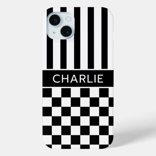 Schwarz-Weiß kariert gestreift personalisiert Case-Mate iPhone Hülle (Rückseite)