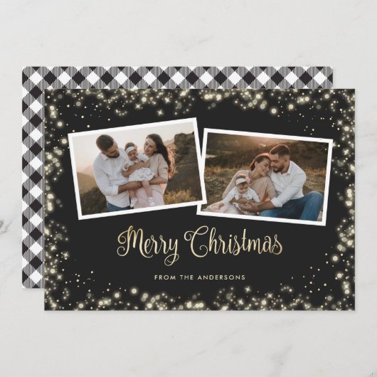 Schwarz-Weiß Kariert Gold Foto Frohe Weihnachten (Vorne/Hinten)