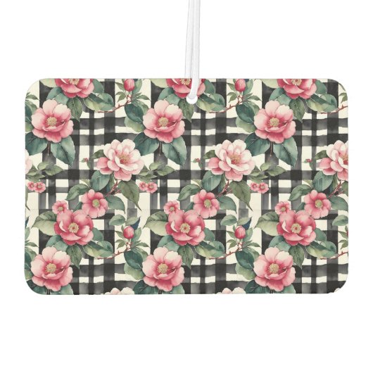 Schwarz-Weiß-Kariert mit grün-rosa Kamelien Autolufterfrischer (Rückseite)