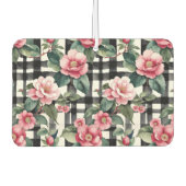 Schwarz-Weiß-Kariert mit grün-rosa Kamelien Autolufterfrischer (Vorderseite)