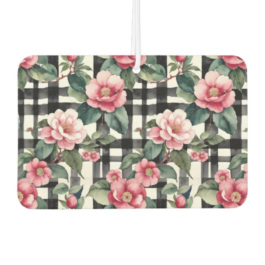 Schwarz-Weiß-Kariert mit grün-rosa Kamelien Autolufterfrischer (Vorderseite)