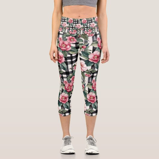Schwarz-Weiß-Kariert mit grün-rosa Kamelien Capri Leggings (Vorderseite)
