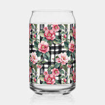 Schwarz-Weiß-Kariert mit grün-rosa Kamelien