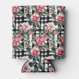 Schwarz-Weiß-Kariert mit grün-rosa Kamelien Dosenkühler