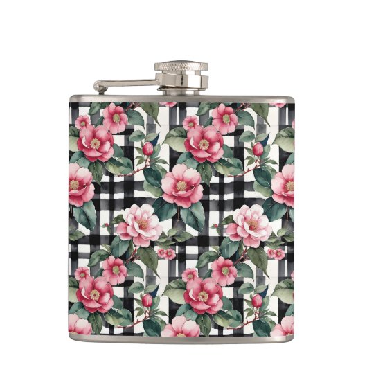 Schwarz-Weiß-Kariert mit grün-rosa Kamelien Flachmann (Vorderseite)