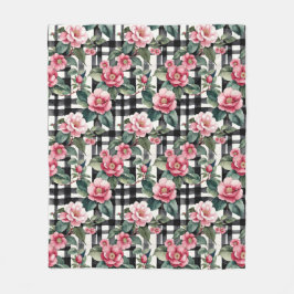 Schwarz-Weiß-Kariert mit grün-rosa Kamelien Fleecedecke