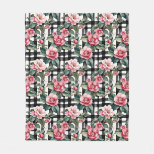 Schwarz-Weiß-Kariert mit grün-rosa Kamelien Fleecedecke