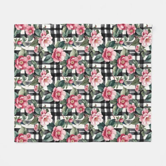 Schwarz-Weiß-Kariert mit grün-rosa Kamelien Fleecedecke (Vorderseite (Horizontal))