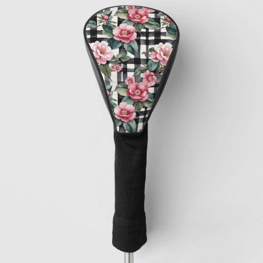 Schwarz-Weiß-Kariert mit grün-rosa Kamelien Golf Headcover (Vorderseite)