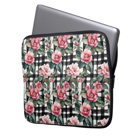 Schwarz-Weiß-Kariert mit grün-rosa Kamelien Laptopschutzhülle (Vorderseite Links)