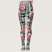 Schwarz-Weiß-Kariert mit grün-rosa Kamelien Leggings (Vorderseite)