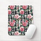Schwarz-Weiß-Kariert mit grün-rosa Kamelien Mousepad (Mit Mouse)