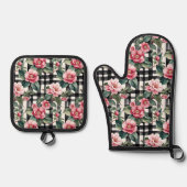 Schwarz-Weiß-Kariert mit grün-rosa Kamelien Ofenhandschuh & Topflappen-Set (Vorderseite)