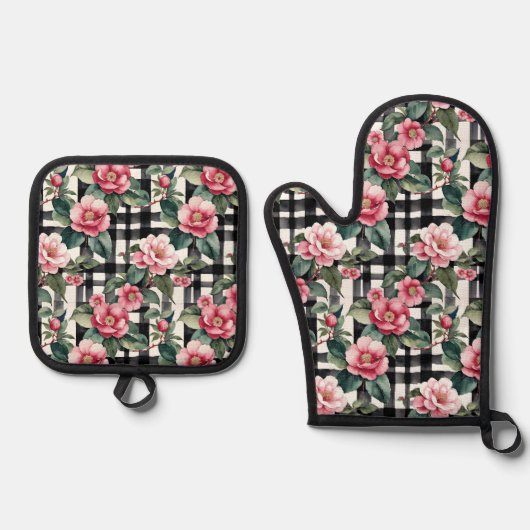 Schwarz-Weiß-Kariert mit grün-rosa Kamelien Ofenhandschuh & Topflappen-Set (Vorderseite)