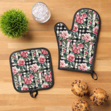 Schwarz-Weiß-Kariert mit grün-rosa Kamelien