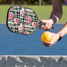 Schwarz-Weiß-Kariert mit grün-rosa Kamelien Pickleball Schläger