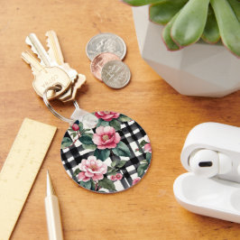 Schwarz-Weiß-Kariert mit grün-rosa Kamelien Schlüsselanhänger