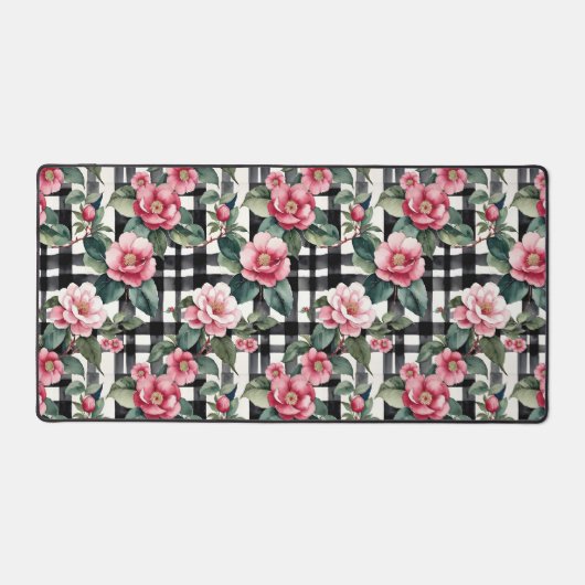 Schwarz-Weiß-Kariert mit grün-rosa Kamelien Schreibtischunterlage (Vorderseite)