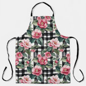 Schwarz-Weiß-Kariert mit grün-rosa Kamelien Schürze (Vorderseite)
