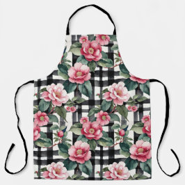 Schwarz-Weiß-Kariert mit grün-rosa Kamelien Schürze