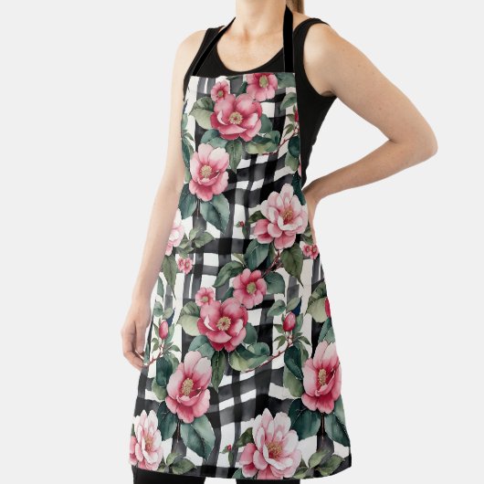 Schwarz-Weiß-Kariert mit grün-rosa Kamelien Schürze (InSitu)