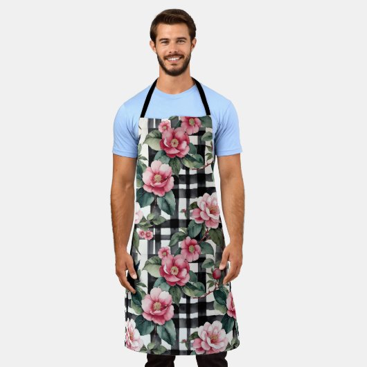Schwarz-Weiß-Kariert mit grün-rosa Kamelien Schürze (Getragen)